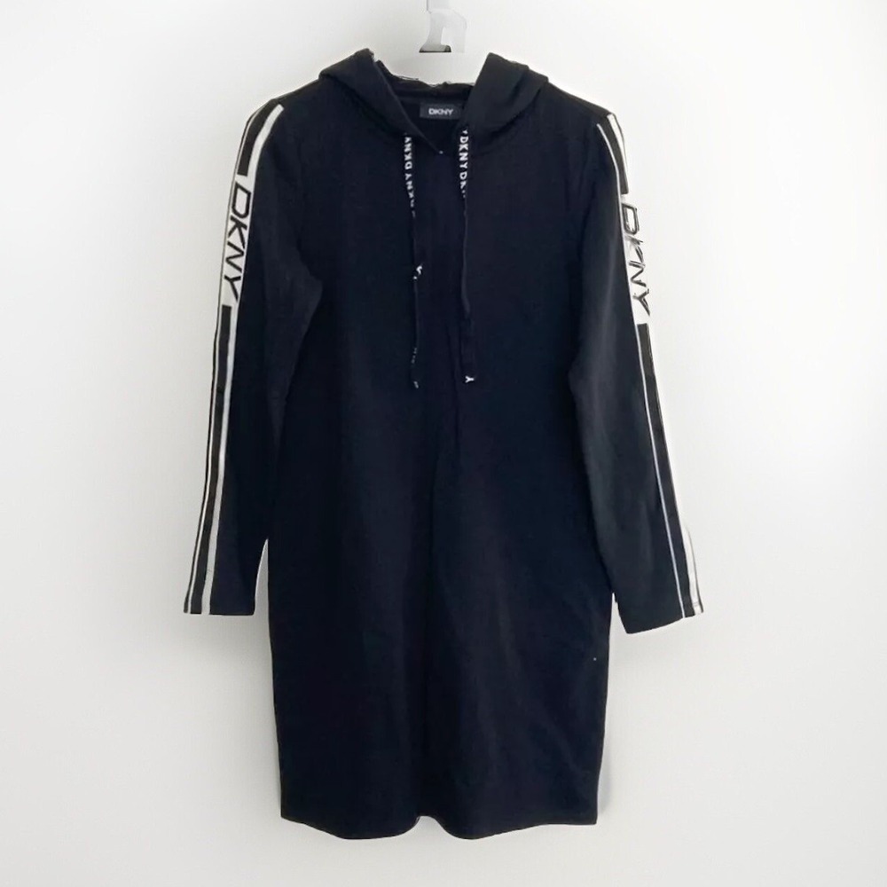 DKNY Hoodie Sweatshirt Dress M Black Logo Tape Athleisure Soft Cozy Preppy Layer